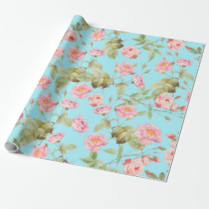 Summer Victorian Vintage Roses Pattern on Teal Wrapping Paper