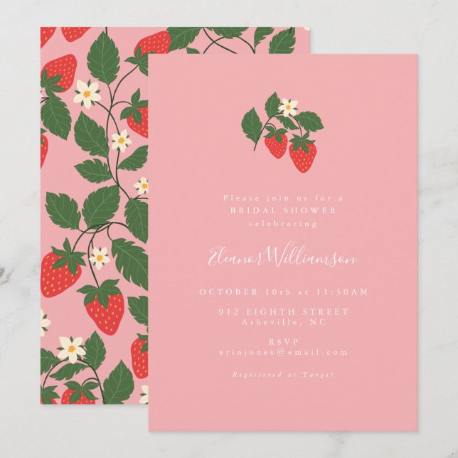 Summer Vintage Pink Strawberry Boho Bridal Shower Invitation (Front/Back)