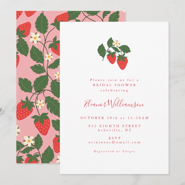 Summer Vintage Red Strawberries Boho Bridal Shower Invitation (Front/Back)