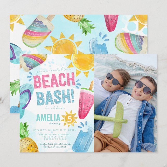 Summer Watercolor Beach Bash Birthday Party Invitation (Front/Back)