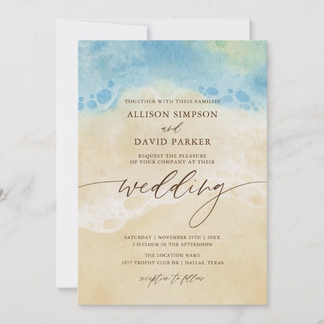Summer Watercolor Beach Blue Wedding Invitations (Devant)