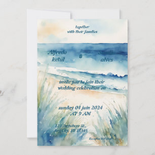summer watercolor beach ocean blue wedding invitation