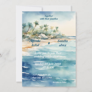 summer watercolor beach ocean blue wedding invitation