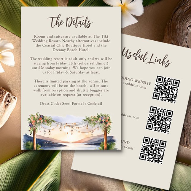 Summer Watercolor Beach Wedding Details QR Code Enclosure Card (Wedding Details and QR Codes Insert Card from the Sunset Beach Wedding Collection by Darling & May)