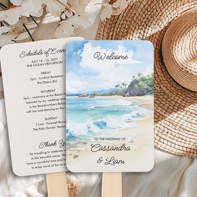 Summer Watercolor Beach Wedding Welcome Itinerary Hand Fan (Wedding Program Hand Fans from the Summer Beach Wedding Collection by Darling & May)