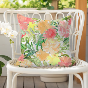 Summer Watercolor Botanical Peach Coral Yellow Outdoor Pillow