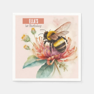 Summer Watercolor Bumblebee First Birthday Napkin