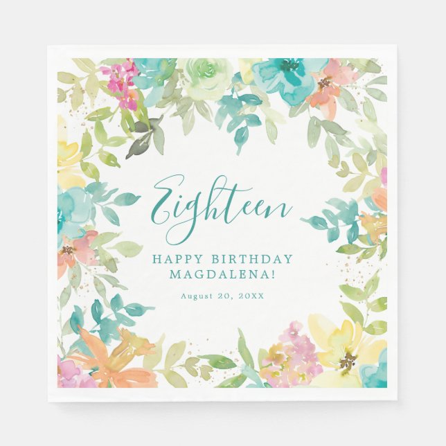 Summer Watercolor Floral 18th Birthday Custom Napkin (Front)