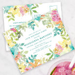 Summer Watercolor Floral 18th Birthday Invitation Postcard<br><div class="desc">New for Summer 2024. Modern and colourful summer floral watercolor features pink, turquoise blue, yellow and orange flowers. They form rustic, boho chic, botanical frame around your birthday party details. This item is part of the Summer Watercolor Floral collection. It contains professionally designed invitation templates, welcome signs and party decorations....</div>