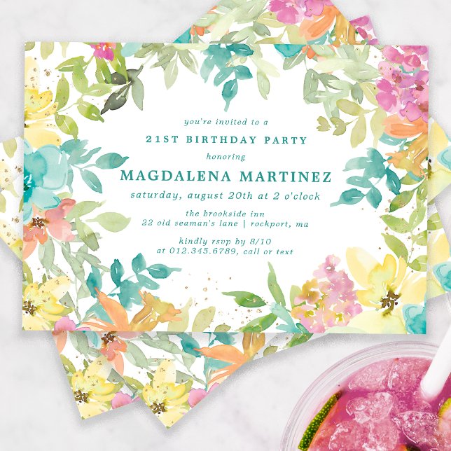 Summer Watercolor Floral 21st Birthday Party Invitation (Creator Uploaded)