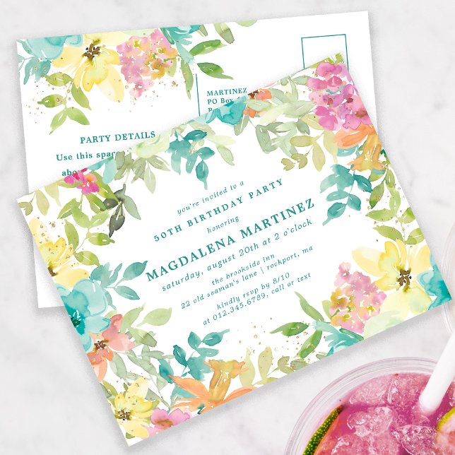 Summer Watercolor Floral 50th Birthday Invitation Postcard (Creator Uploaded)