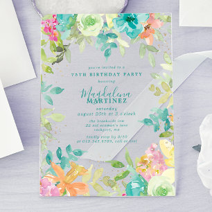 Summer Watercolor Floral 75th Birthday Clear Acrylic Invitations