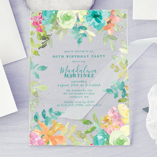 Summer Watercolor Floral 80th Birthday Clear Acrylic Invitations