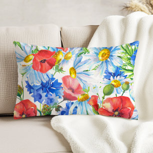 Summer Watercolor Floral Blue Red Yellow Accent Pillow