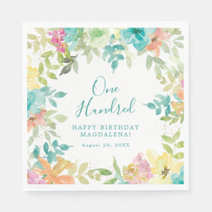 Summer Watercolor Floral Custom 100th Birthday Napkin