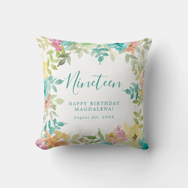 Summer Watercolor Floral Custom 19th Birthday Throw Pillow (Front)