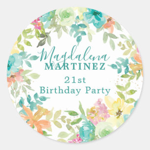 Summer Watercolor Floral Custom 21st Birthday  Classic Round Sticker