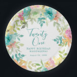 Summer Watercolor Floral Custom 21st Birthday Paper Plate<br><div class="desc">New for Summer 2024. Modern and colourful summer floral watercolor features pink,  turquoise blue,  yellow and orange flowers. They form rustic,  boho chic,  botanical frame around your birthday wishes. This item is part of the Summer Watercolor Floral collection. It contains professionally designed invitation templates,  welcome signs and party decorations.</div>
