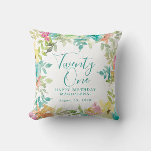 Summer Watercolor Floral Custom 21st Birthday Throw Pillow