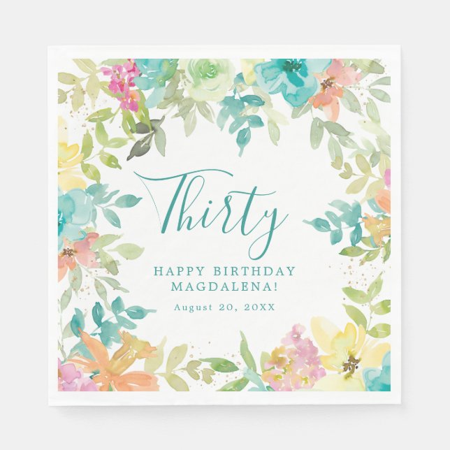 Summer Watercolor Floral Custom 30th Birthday Napkin (Front)