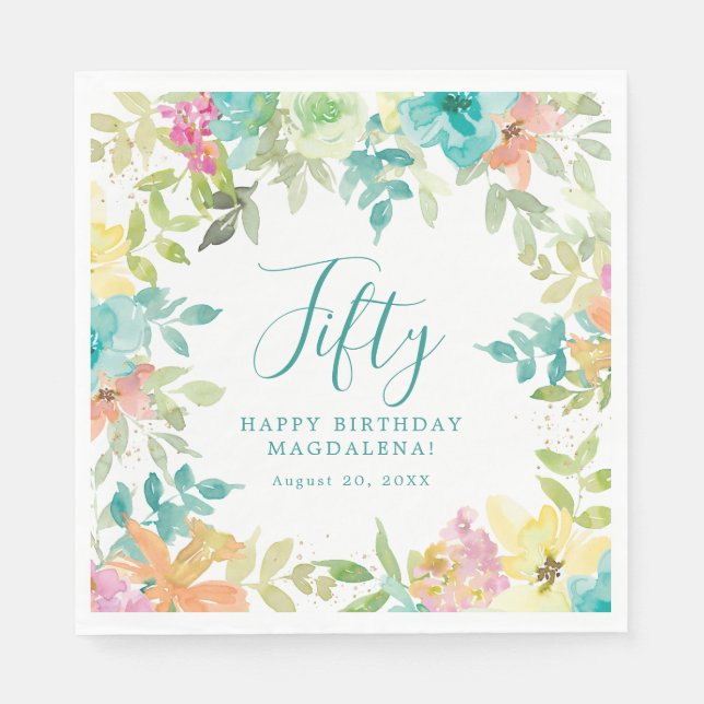 Summer Watercolor Floral Custom 50th Birthday Napkin (Front)