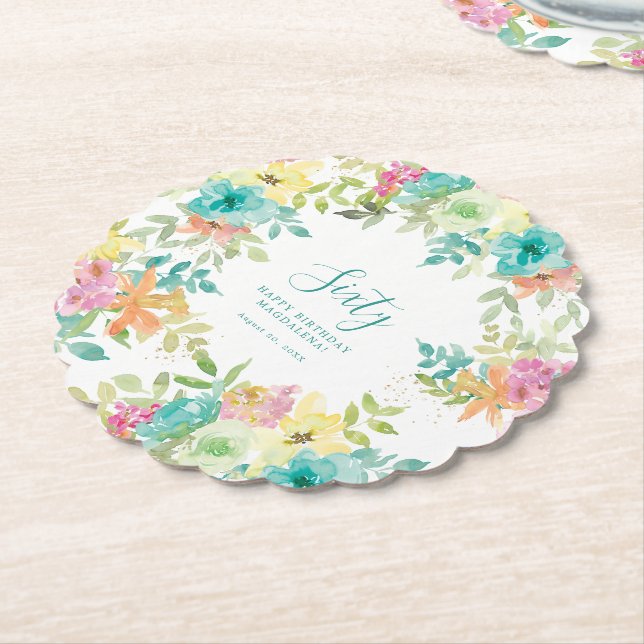 Summer Watercolor Floral Custom 60th Birthday Paper Coaster (Angled)