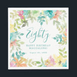 Summer Watercolor Floral Custom 80th Birthday Napkin<br><div class="desc">New for Summer 2024. Modern and colourful summer floral watercolor features pink,  turquoise blue,  yellow and orange flowers. They form rustic,  boho chic,  botanical frame around your birthday wishes. This item is part of the Summer Watercolor Floral collection. It contains professionally designed invitation templates,  welcome signs and party decorations.</div>