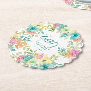 Summer Watercolor Floral Custom 80th Birthday Paper Coaster