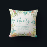 Summer Watercolor Floral Custom 90th Birthday Throw Pillow<br><div class="desc">New for Summer 2024. Modern and colourful summer floral watercolor features pink,  turquoise blue,  yellow and orange flowers. They form rustic,  boho chic,  botanical frame around your birthday wishes. This item is part of the Summer Watercolor Floral collection. It contains professionally designed invitation templates,  welcome signs and party decorations.</div>