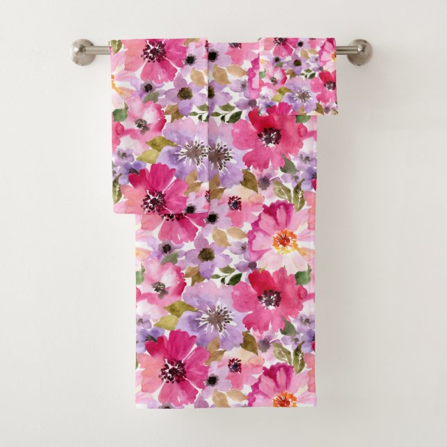 Summer Watercolor Floral Pattern Bath Towel Set (Insitu)