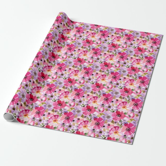Summer Watercolor Floral Pattern Wrapping Paper (Unrolled)