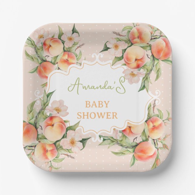 Summer Watercolor Floral Peach Baby Shower Paper Plate (Front)