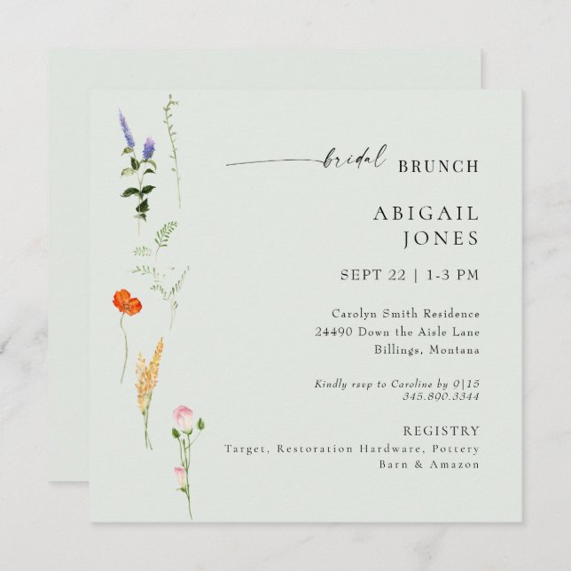 Summer Watercolor Floral Sage Bridal Brunch Invitation (Front/Back)