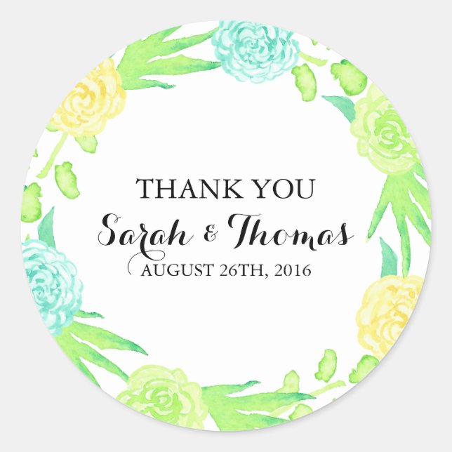 Summer Watercolor Floral Wedding Classic Round Sticker (Front)