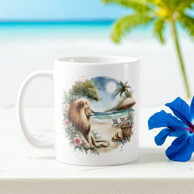 Summer Watercolor Lion on the beach Coffee Mug (Creator Uploaded)