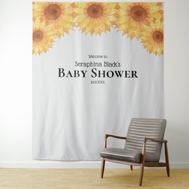 Summer Watercolor Sunflowers Baby Shower Backdrop Tapestry (In Situ)