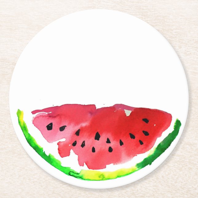 Summer Watercolor Watermelon Round Paper Coaster (Front)