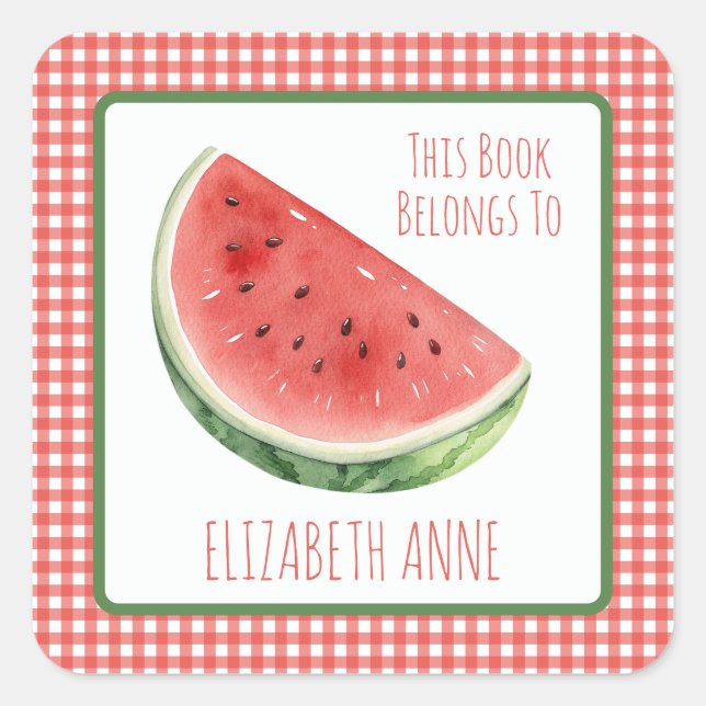 Summer Watermelon and Red Gingham Plaid Bookplate Square Sticker (Front)