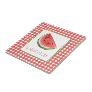Summer Watermelon and Red Gingham Plaid Tile