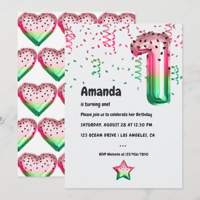 Summer Watermelon Balloon 1st Birthday Party Invitation (Front/Back)