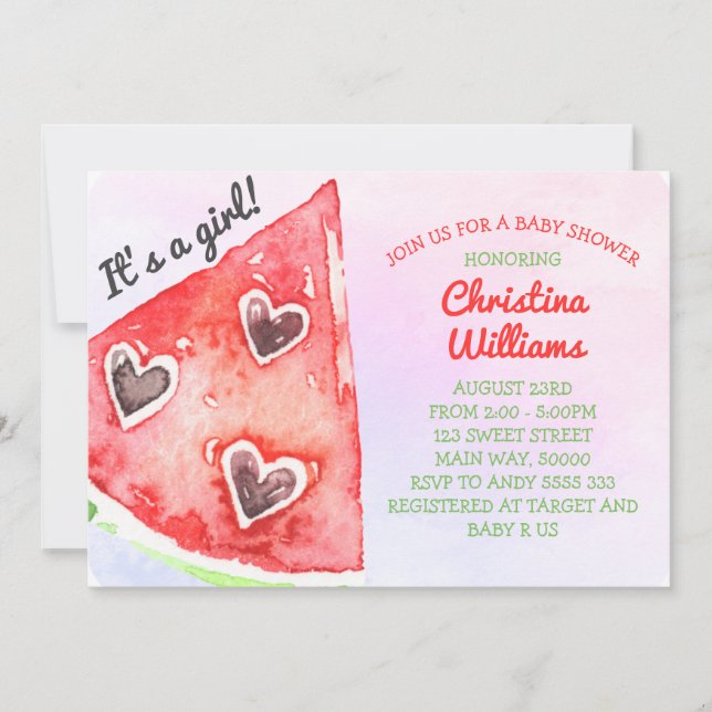 Summer Watermelon Cute Girl Baby Shower Invitation (Front)