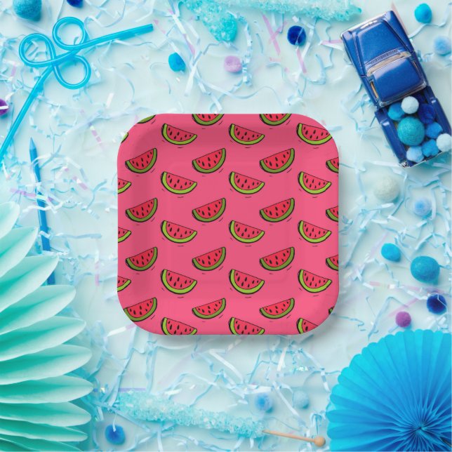 Summer Watermelon on Pink Pattern Paper Plate (Party)