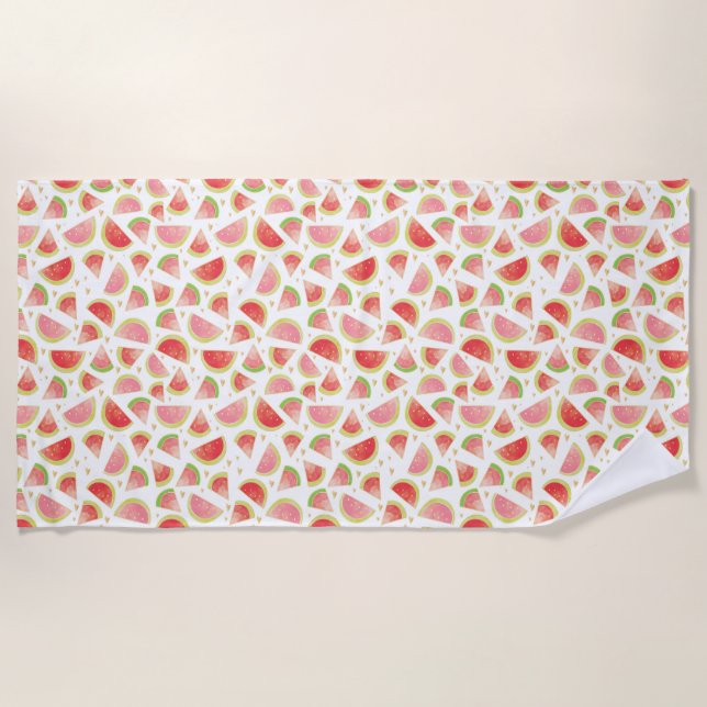 Summer Watermelon Slices & Gold Heart Pattern Beach Towel (Front)