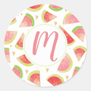 Summer Watermelon Slices & Gold Heart Pattern Classic Round Sticker