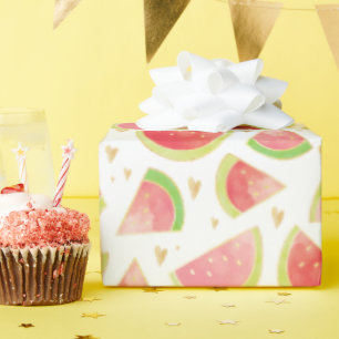 Summer Watermelon Slices & Gold Heart Pattern Wrapping Paper