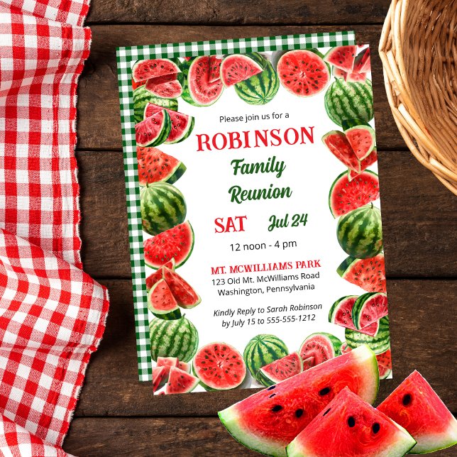 Summer Watermelons Frame | Checks Family Reunion Invitation (Fresh Summer Watermelons Frame | Back Green and White Gingham Checks Family Reunion Invitation)