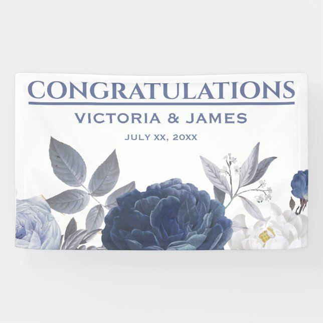 Summer Wedding Bright Blue Floral Reception Banner (Horizontal)