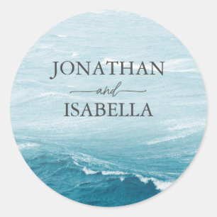 Summer wedding by the blue wavy sea ombre ocean classic round sticker