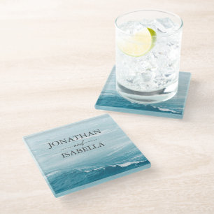 Summer wedding by the blue wavy sea ombre ocean glass coaster