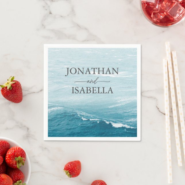 Summer wedding by the blue wavy sea ombre ocean napkin (Insitu)